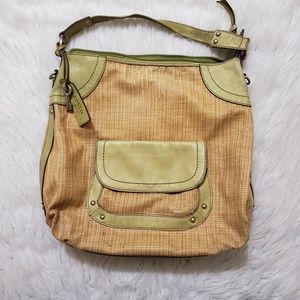 Vintage Fossil Straw Bag With Green Leather Trim